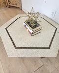 Harvey Probber Travertine Hexagon Coffee Table with Brass Inlay on Mahogany Base, Showcased with Books and Geometric Decor Piece
