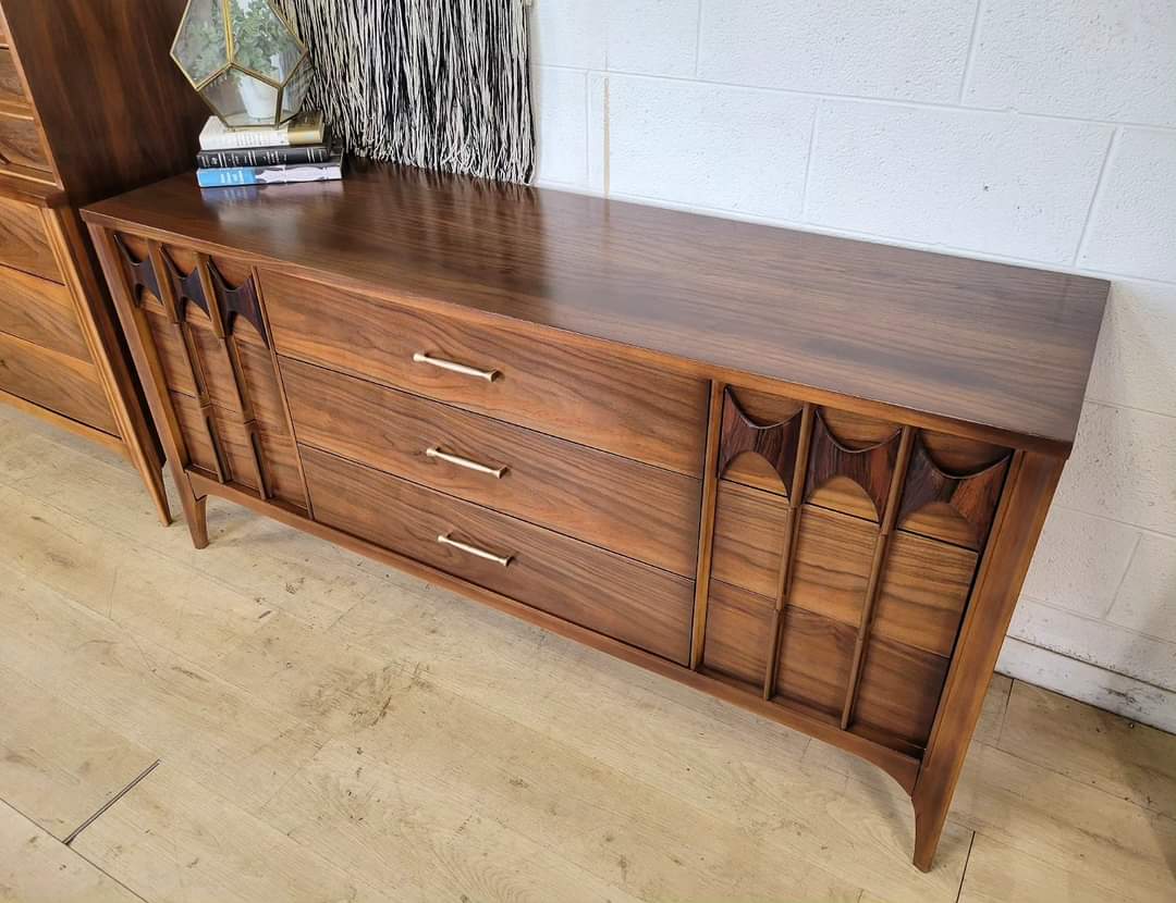 Kent Coffey Perspecta dresser set with sculpted rosewood pulls, walnut grain, and pecan legs, refinished and restored.