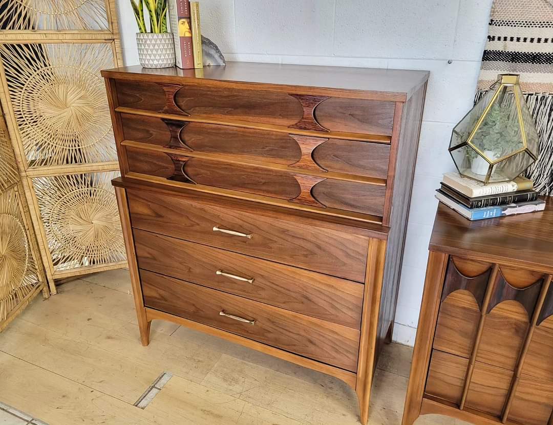 Kent Coffey Perspecta refinished dresser set with sculpted rosewood pulls and walnut grain.